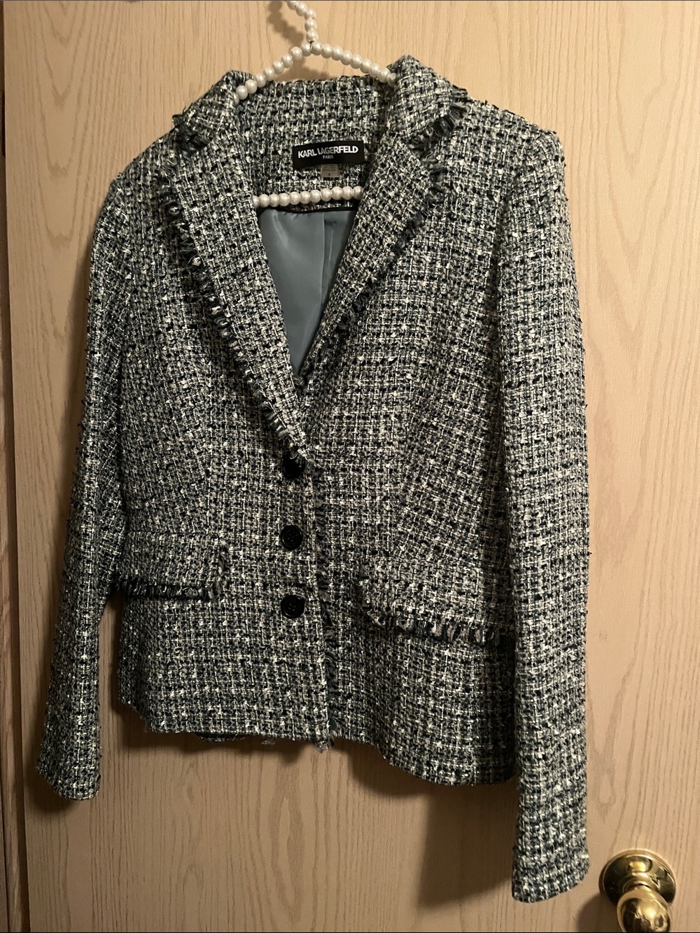 Karl Lagerfeld Black & White Tweed Fringe-Trim Blazer